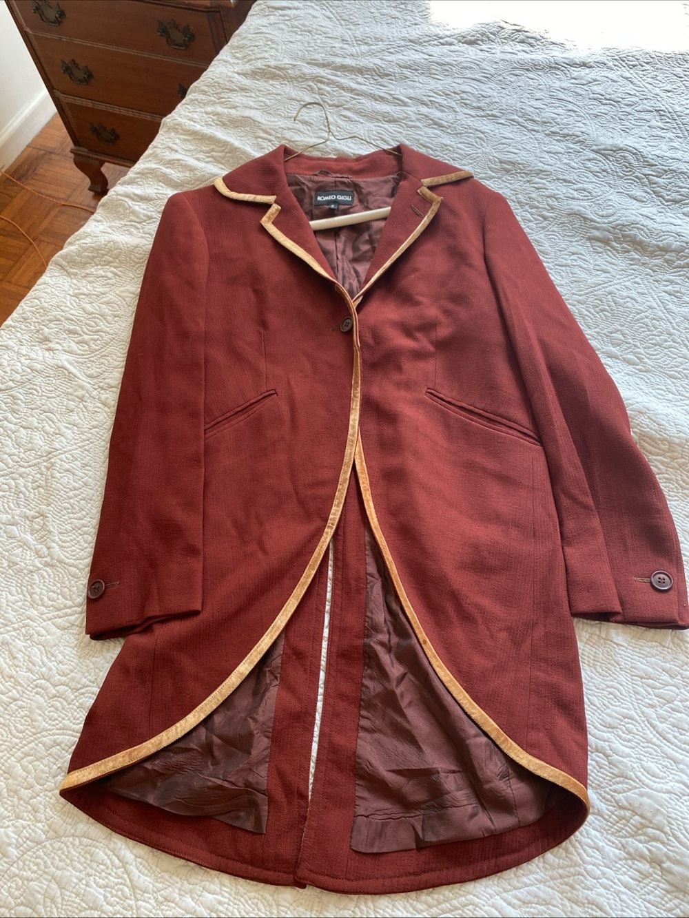 Vintage Romeo Gigli Women's Rust Tailcoat Blazer with Velvet Gold Trim Size 40